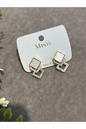 VİYA Gold Pearl and Zircon Stone Quadrilateral Steel Earrings