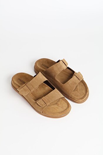 Haşema Women's Suede Double Striped Brown Slippers 156-17