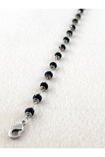 Siya Silver Black Natural Stone Steel Anklet