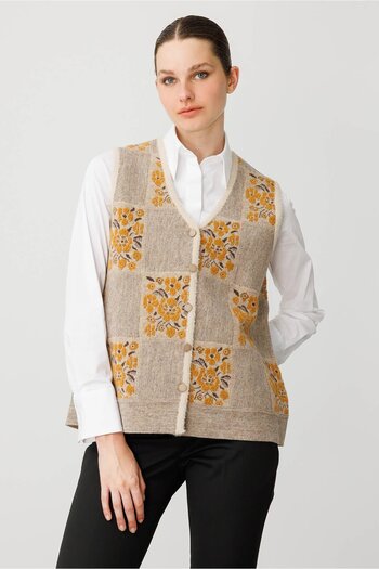 Desen Triko Women's Pıtırcık Floral Patchwork Felt Wool Vest Beige_Mustard