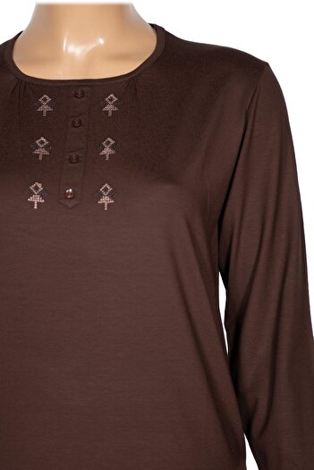 Pıtırcık Cimariva Women's Neşe Plus Size O Neck Robe Embroidered Brown Blouse