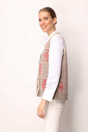 Desen Triko Women's Pıtırcık Floral Patchwork Felt Wool Vest Beige_Y.Ş.Pink