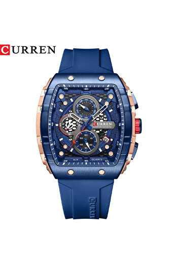 Curren Ceas bărbătesc 8442, Cronograf Sport Quartz, Casual, Curea Silicon Albastru, Design Modern