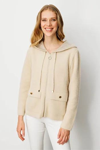Desen Triko Women's Hooded Zippered Short Knitwear Sweatshirt Beige