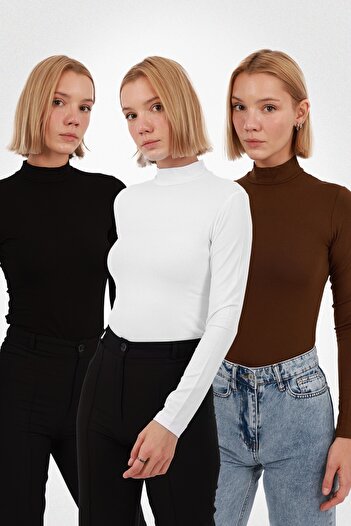 Yade Fashion Kadın Uzun Kollu Balıkçı Yaka Body 3’lü Set – Siyah Beyaz Kahverengi