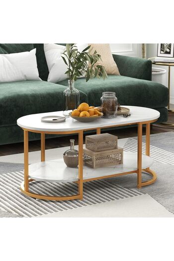 Türkiye ME MAHARANI ENTERPRISES Modern Oval Coffee Table, Marble Top, 2-Tier Storage Shelf, Gold Metal Frame