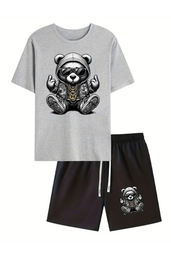 LAND MODA Steel Bear Printed Men's Short Sleeve T-Shirt and Waistband Shorts Set of 2, Casual Sports Regular Top