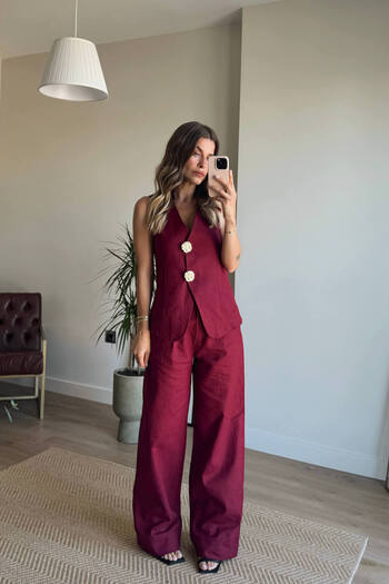 Sue Store Burgundy Gold Rose Buttoned Vest Wide Leg High Waist Trousers Linen Suit