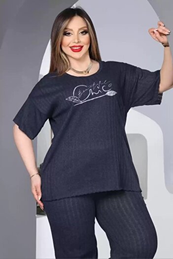 shai Printed Large Size Pajama Set Navy Blue