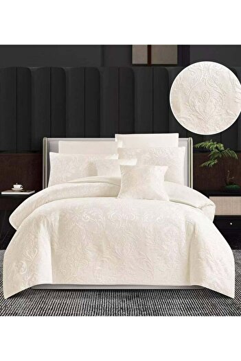 Comfy 6Pc King Size Embossed Embroidery Jack Cotton Comforter Set Off White