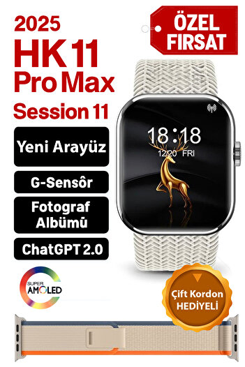 TECHNOMEN HK 11 ProMax Akıllı Saat Çift Kordonlu 2025 Model Nabız Uyku Spor Takibi Şarjı Uzun Yapay Zeka