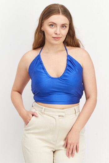 Sinsay Women Halted Neck Sleeveless Plain Crop Top, Blue