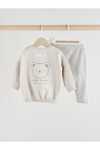 Next Baby Cotton Gray Bear Patterned Long Sleeve Top and Bottom Set