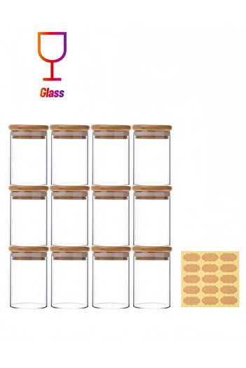 XIUWOO 12-Piece Food Storage Glass Jars with Bamboo Airtight Lids, Sticker, Clear 200ml