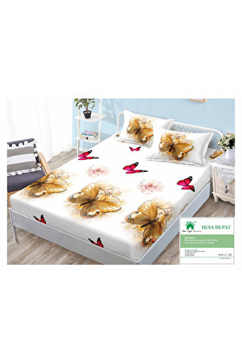 FIONNA.RO Duvet Cover with Elastic and Pillowcases 160x200cm - White with Gold and Pink Butterflies