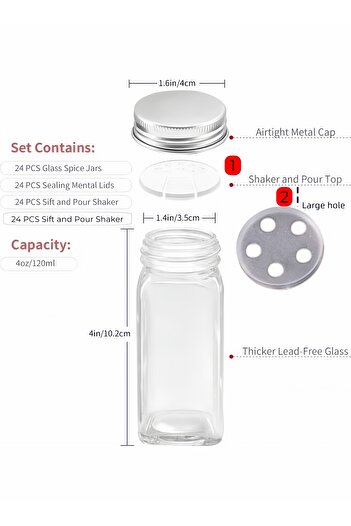 XIUWOO 24-Piece Glass Spice Jar Set with Airtight Metal Caps - 120ml, With 5 Accessories