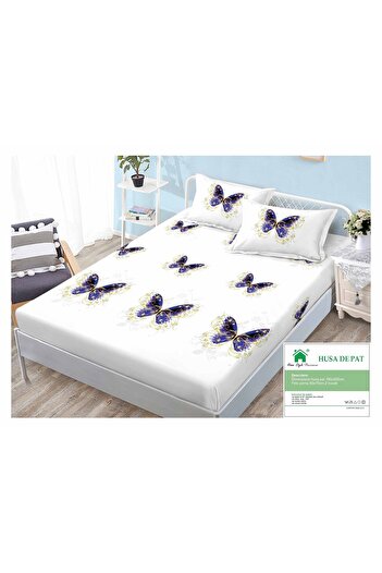 FIONNA.RO Duvet Cover with Elastic and Pillowcases 160x200cm - White with Purple Butterflies