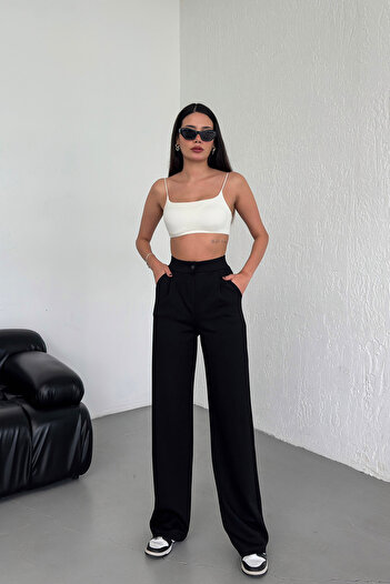 Alos Women's Black Buttoned Pleated High Waist Lycra Crepe Fabric Comfortable Fit Palazzo Pants