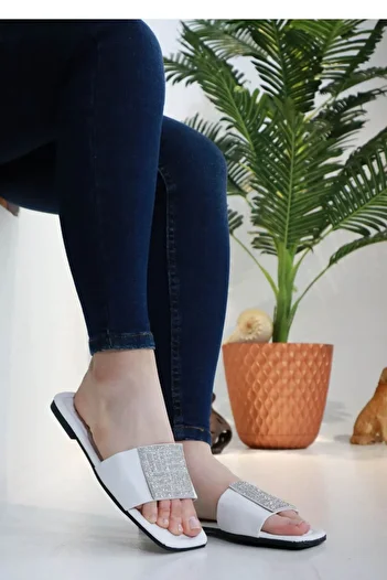 sermoda Papuci de vară pentru femei cu cataramă pătrată de piatră Papuci cu fund plat alb