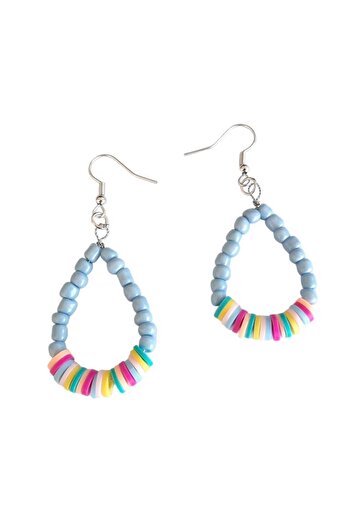 OEM Statement Handmade Earrings - Summer Vibe, Drop Shape with Fimo Beads Multicolor & Toho Light Blue M