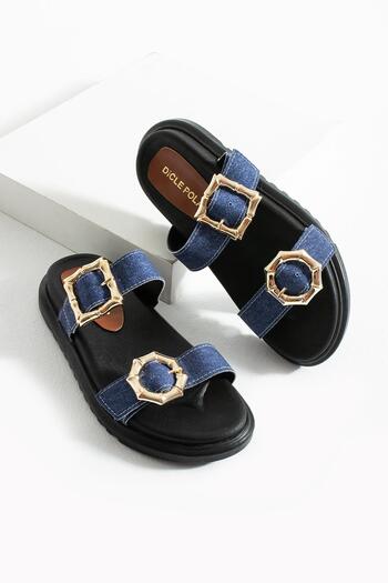 diclepolat Larin Denim Two Buckle Flat Sole Women's Slippers