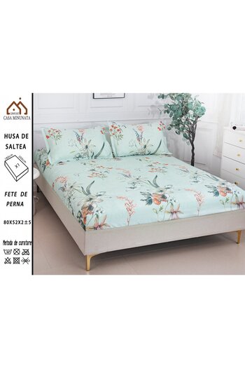 FIONNA.RO Satin Cotton Elastic Pillowcase and Pillowcases 180x200cm - Turquoise Floral