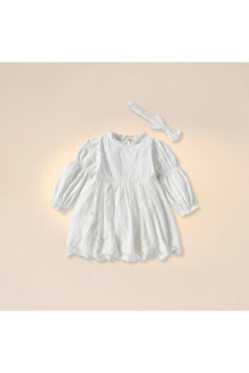 giggles Embroidered Prom Dress with Long Sleeves and Bow Detail Headband