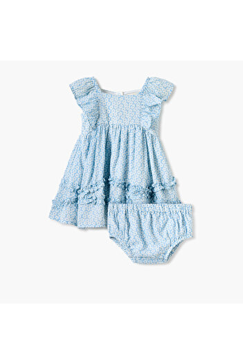 Juniors Floral Print Dress with Ruffle Sleeves and Bloomers