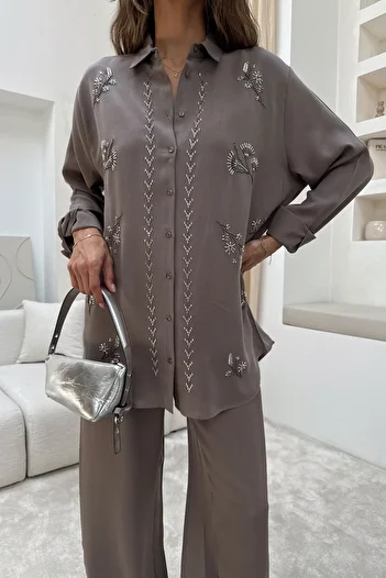 MİA NOURA Women's Front Bead Embroidered Shirt Pants Set