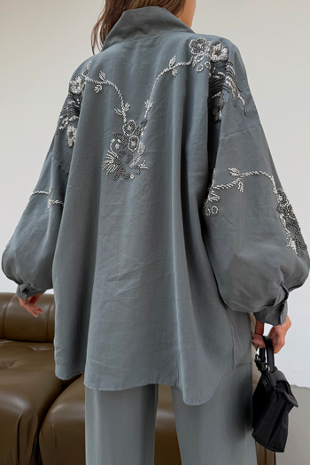 MİA NOURA Women's Kimono Back and Sleeves Beaded Tansel Fabric Kimono Pants Set