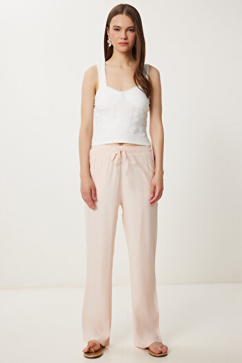 Lovelyİstanbul Patterned Summer Viscose Trousers Lwf0044 Powder