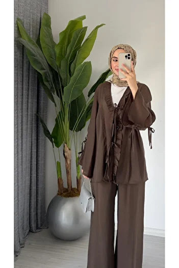Molly Nelly Women's Summer Cotton Voile Lined Lace Detailed Trousers Blouse Set