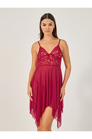 Styli Lace Asymmetric Hem Babydoll with Briefs