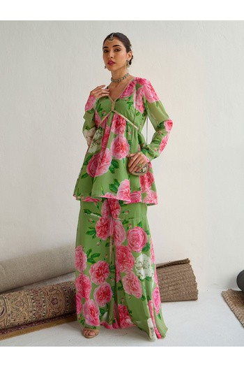 Sassafras By Styli Floral Printed Peplum Top and Flared Sharara Co-Ords