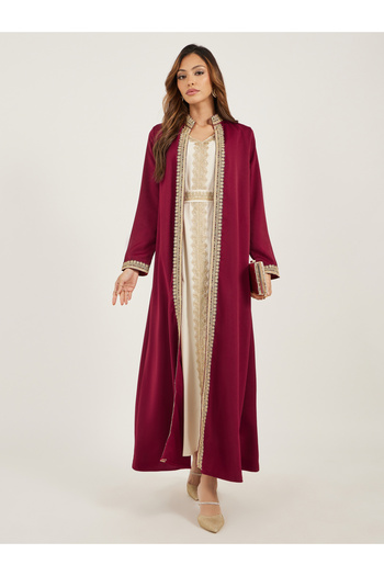 Styli Lace Trim Collared Belted Satin Abaya with Inner Dress