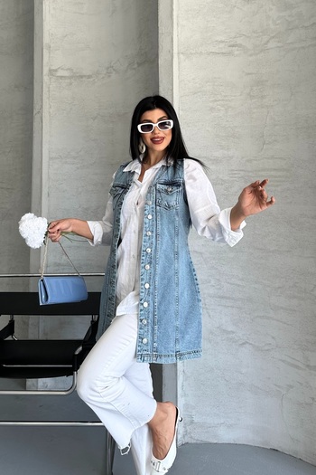 DESTEMODA Women's Denim Tunic Long Buttoned Two Pockets Denim Vest Ice Blue 4506