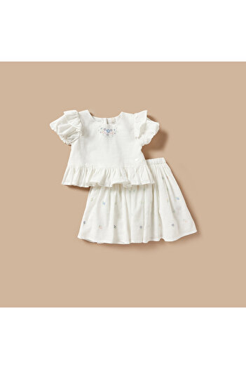 giggles Floral Embroidered Top and Skirt Set