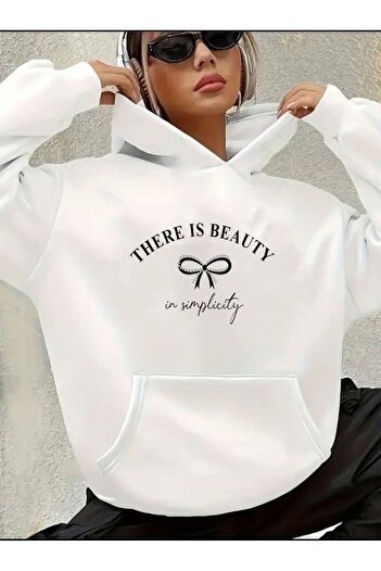 herkesemoda Υπάρχει Beauty Printed Fleece Hooded Sweatshirt με εσωτερικό