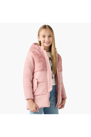 Juniors Quilted Jacket with Faux Fur Hood and Pockets