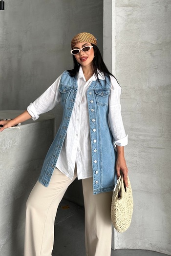 DESTEMODA Women's Denim Tunic Long Buttoned Two Pockets Denim Vest Blue 4506