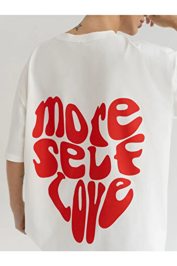 Pink Sky Unisex βαμβακερό λευκό oversize "More Self Love" με στάμπα με λαιμόκοψη άνετο καθημερινό μπλουζάκι