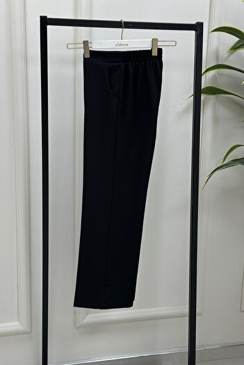 megapol Women's Black Bell Crepe Fabric Elastic Waist Wide Leg Trousers
