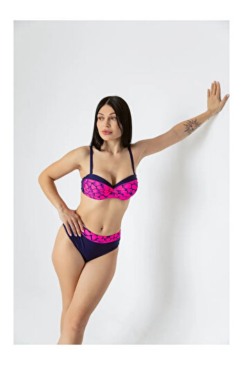 hazelin Women's Fuchsia Navy Blue Patterned Lined Bikini Set Hzl25S-Lc25143