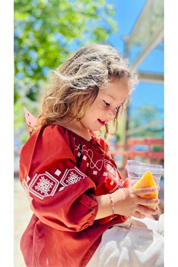 Cigit Sleeve and Front Embroidered Linen Trousers Set 2-7 Years Old Tan