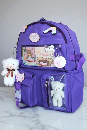 Mabai Purple School Backpack with Korean Style Accessories and Teddy Bear