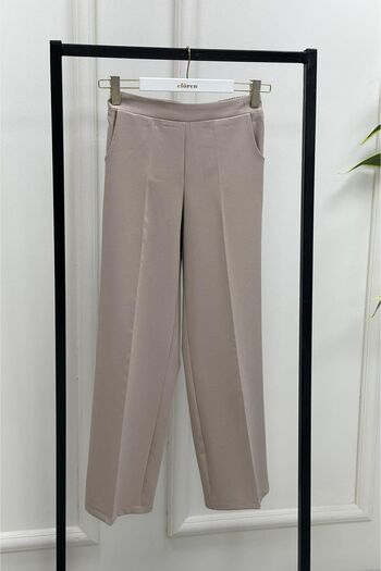 megapol Women's Beige Bell Crepe Fabric Elastic Waist Wide Leg Trousers