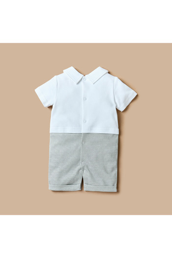 giggles Printed Collared Romper with Bow Detail and Short Sleeves
