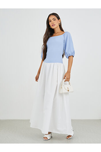 Styli Color Block Balloon Sleeve A-Line Maxi Dress