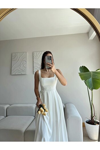 Zoom Butik Valeria Kare Yaka Midi Elbise - BEYAZ