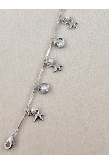 Siya Silver Steel Anklet with Starfish and Oyster Figures and Pearls